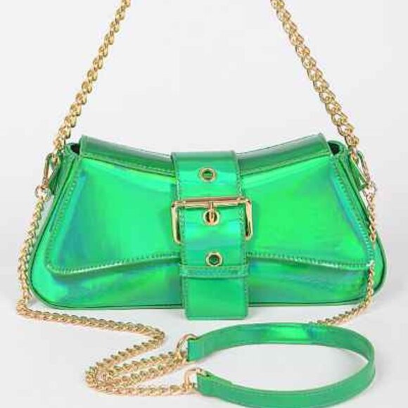 Mermaid Metallic Green / Iridescent - Gold Buckle Crossbody / Chain Straps - NWT - Picture 1 of 10